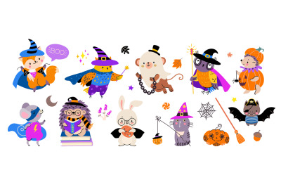 Halloween animals wear costumes. Pets holiday, adorable magic wild cha