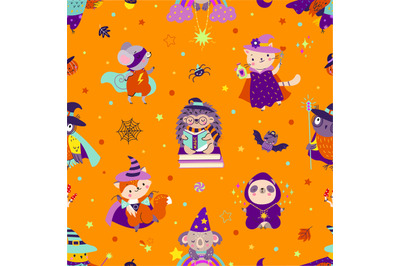 Halloween seamless pattern with animals in costumes. Autumn party fabr