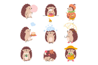 Cartoon hedgehogs stand and play. Hedgehog sleep, eating sweets and dr