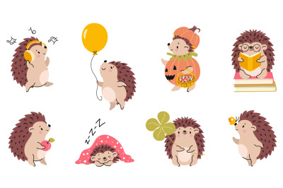 Forest autumn hedgehogs. Cute cartoon hedgehog play with balloon, list