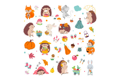 Hello autumn elements. Cartoon mushroom&2C; pumpkin and animals. Hedgehog