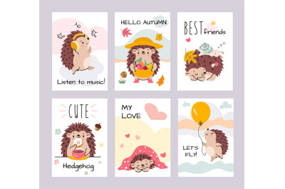 Hedgehog printable cards. Cute cartoon hedgehogs sleep, in love and we