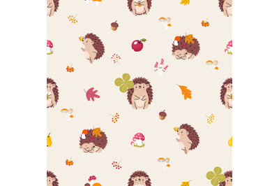 Hedgehog autumn seamless pattern. Fall hedgehogs, forest cartoon fabri