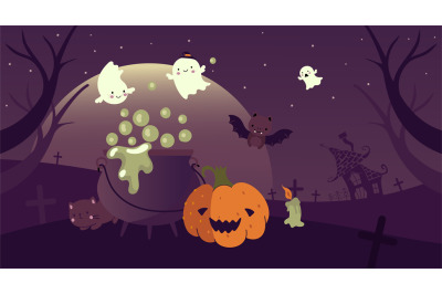 Halloween dark spooky background with pumpkin&2C; cat and ghosts. Horror