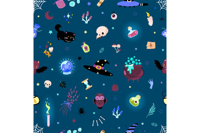 Witch magic seamless pattern. Magical elements, cartoon bottle poison,