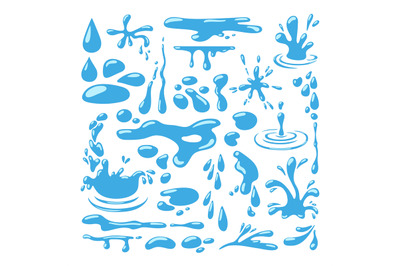 Cartoon water puddles and drops, blue drop falling and splashing. Pood