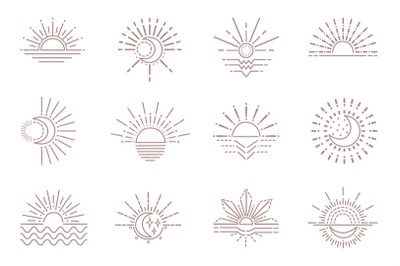 Line boho moon and sun icons. Outline gypsies sunburst design&2C; bohemia