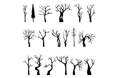 Black naked tree silhouettes&2C; isolated winter flat trees. Dead dry bra