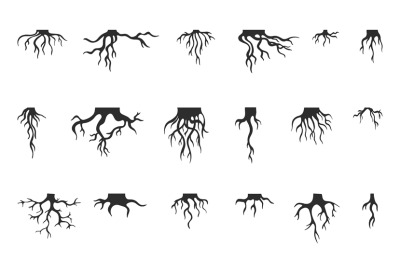 Tree roots isolated collection. Nature root silhouettes&2C; stammer diffe