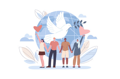 Peace and international friendship concept. Nonviolence, white dove wi