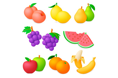 Fruits 3d icons. Isolated realistic fruit, tropical juicy elements. Wa