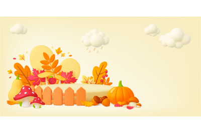 Yellow autumn 3d banner&2C; acorns and mushrooms. Empty podiums and vibra