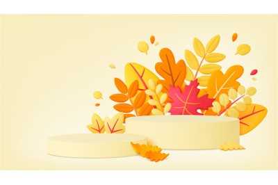 Autumn leaves 3d empty podium background. Fall welcome, decorative tre