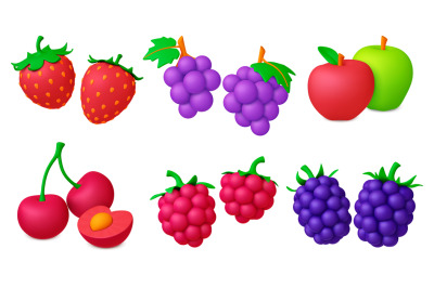 Berries fruits isolated 3d icons. Cherry and strawberry, raspberry and