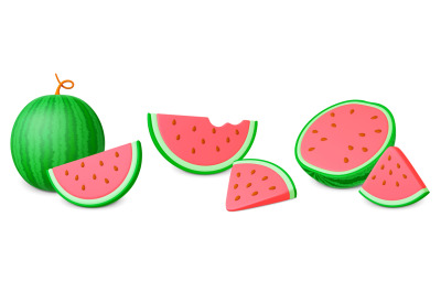 Realistic watermelon 3d set. Juicy fruits, watermelons cuts and half.