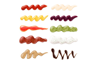 Realistic sauces strips, sauce stain collection. Food toppings, sample