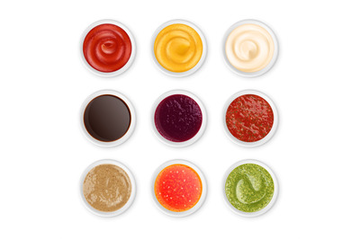 Isolated realistic sauces top view in white bowls. Sauce condiments, d