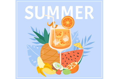 Summer cocktail printable card, glass cocktail and tropical fruits. Ho