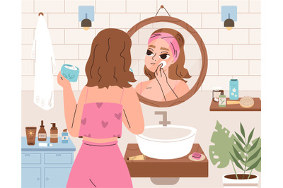 Girl self care in bathroom. Hygiene routine, cleaning and moisturize f