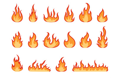 Isolated flat fire flame. Heat fires, hot cartoon logo elements. Heati