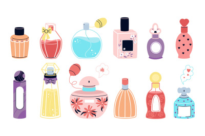 Cartoon perfume bottles, scented water and perfumes retro packaging. F