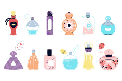 Perfume flat bottle, perfumes cartoon icons. Scented water beauty pack