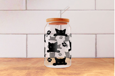 Cats Perfect for SVG 16oz Glass Can Wrap, Black Cat Tumbler Wrap