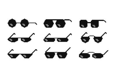 Pixel boss sunglasses, 8 bit sunglass design. Isolated gangster meme l