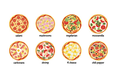 Isolated tasty pizza icons top view. Pizzas salami, mozzarella, pepero