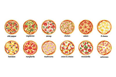 Cartoon italian pizza top view. Pizzas different ingredients set. Isol