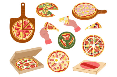 Pizza slice set, fast food and delivery pizza service. Italian cuisine