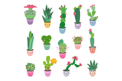 Cactus characters, cute funny cacti plant in decorative pots. Children