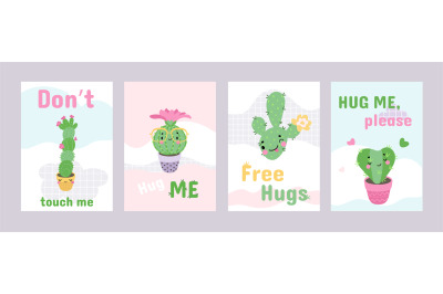 Hug me cards. Free hugs&2C; sweet cactus characters love printable poster