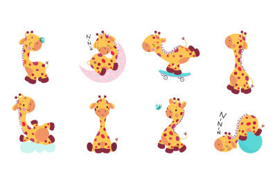 Cartoon giraffe characters. Cute giraffes in different poses. Young ba