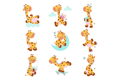 Cute giraffes, baby giraffe poses cartoon collection. Kids exotic zoo