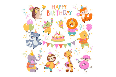 Birthday party animals. Woodland animal with cake and balloons. Cute w