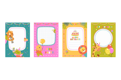 Kids birthday invitation party frames. Cute festive animals and decora