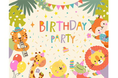 Birthday animal invitation&2C; jungle animals banner design. Children exo