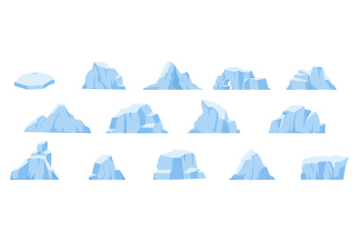 Cartoon icebergs, melting glacier and antarctic iceberg in ocean. Arct