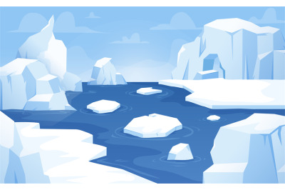 Cartoon arctic background, floating icebergs antarctica landscape. Bea