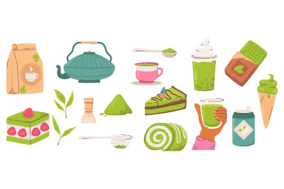 Matcha food and tea. Cake, green sweet desserts and chocolate. Isolate