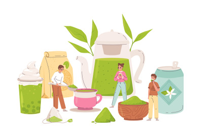 Tea green concept, young adults prepare and drinking matcha powder. Ja