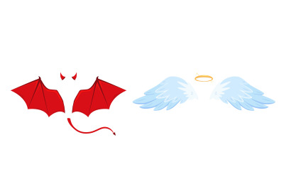 Angel and devil wings. Isolated demon hell and holy angels costume ele