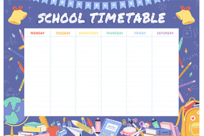 School timetable, student week schedule template. Days planner for les