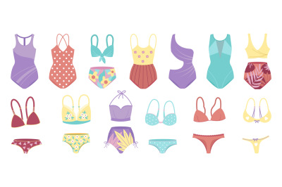 Female swimwear clipart, isolated bikini models. Fashion swimming clot