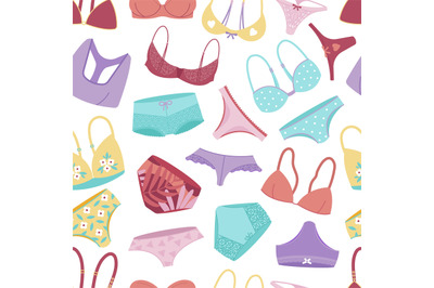 Underwear seamless pattern, female panties, underpants and bra. Fabric