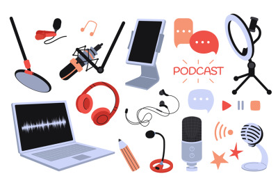 Digital podcast tech equipment. Light, microphone and tablet, laptop a