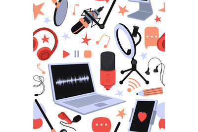 Digital seamless pattern, laptop tablet and microphone. Streaming serv