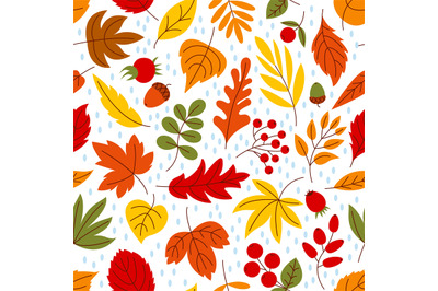 Cozy autumn leaves seamless pattern. Fall leaf falling, harvest season