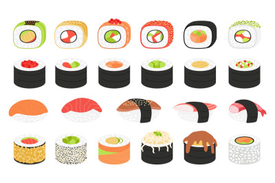 Sushi food. Seafood japanese style, rolls and asian meals. Isolated tr